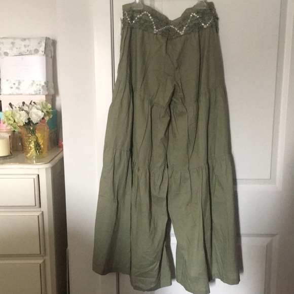 NWOT Military Green Sequins Boho Flare Leg Pants - Picture 6 of 6